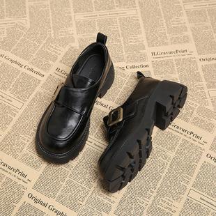 高跟厚底黑色小皮鞋女2025新款秋冬玛丽珍单鞋女爆款一脚蹬乐福鞋