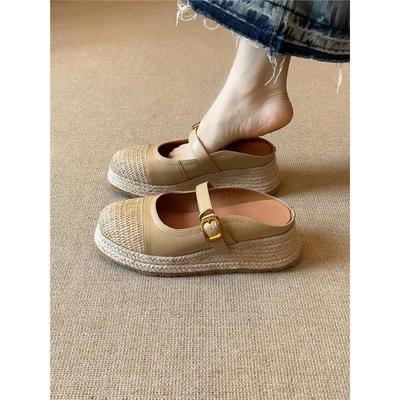 真皮时尚编织拼接厚底包头凉拖鞋复古一字扣带外穿草编坡跟半拖鞋