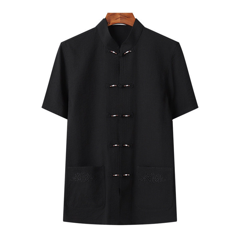 MENS COTTON LINEN TANG SUIT CHINESE STYLE HANFU MIDDLE-AGED LOOSE LINEN SHIRT SUMMER THIN BLACK CASUAL TOP MEN