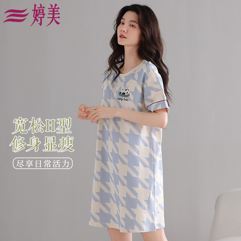 婷美睡裙女士夏天薄款纯棉短袖睡衣裙子甜美条纹连衣裙家居服