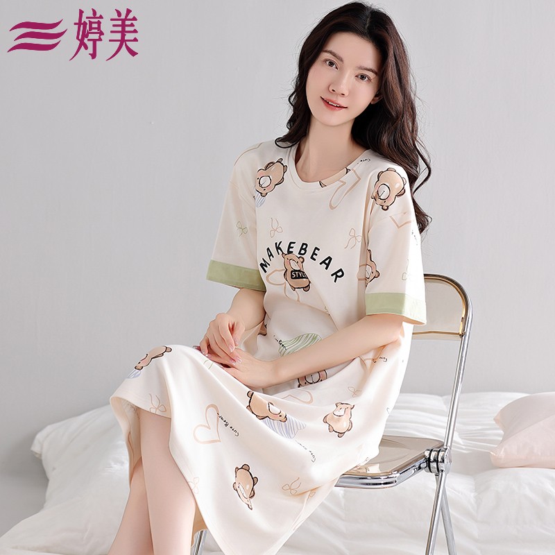 婷美睡裙女款夏天薄款纯棉短袖睡衣裙子中长款宽松家居服女士