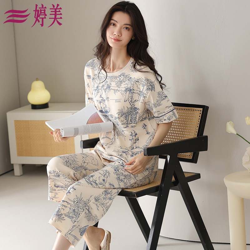 婷美夏季睡衣女士纯棉薄款短袖七分裤休闲宽松家居服夏天全棉套装