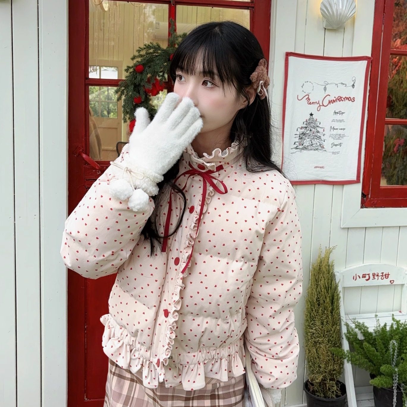 honeyrubao热恋甜心红色波点撞色蝴蝶结系带羽绒服