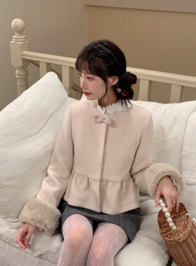 honeyrubao日系蝴蝶结娃娃版少女裙摆甜美毛毛袖口呢大衣