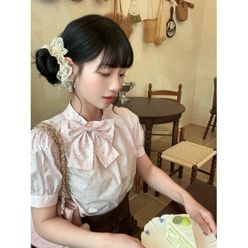 honeyrubao甜心波波蝴蝶结少女心泡泡袖短袖衬衫上衣