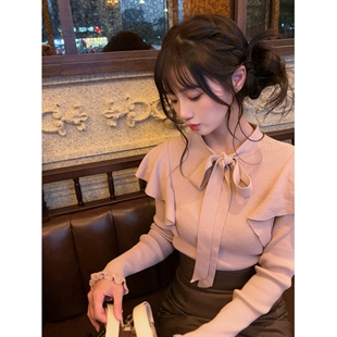 honeyrubao优雅纱绘子 蝴蝶结系带荷叶边针织上衣