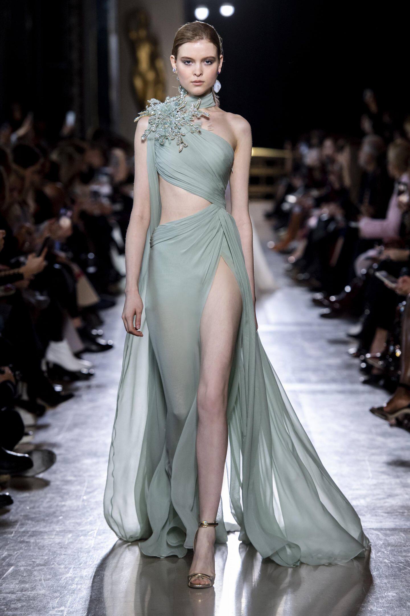 elie saab 水绿色雪纺单肩露腰开叉露腿性感时尚宴会年会晚礼服