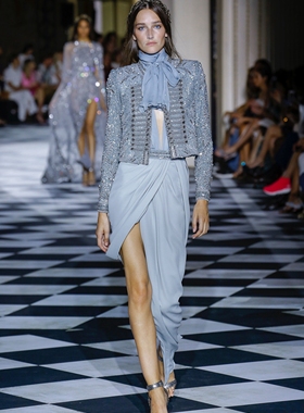 银灰色两件套晚礼服重工缝珠小外套长袖露腿性感party婚宴年会