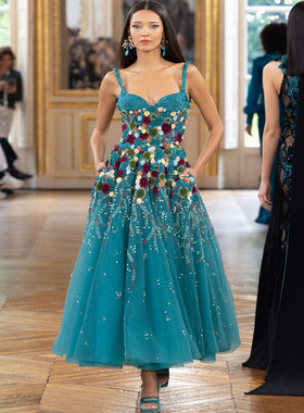 Tony Ward 蓝绿色抹胸吊带花朵钉珠生日派对订婚晚宴小礼服敬酒服