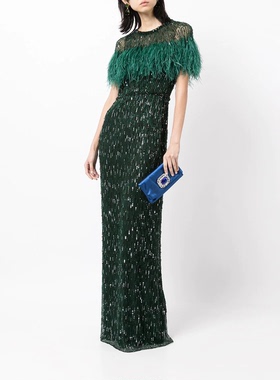 墨绿色修身显瘦钉珠羽毛晚宴优雅年会晚礼服婚礼妈妈装结婚敬酒服