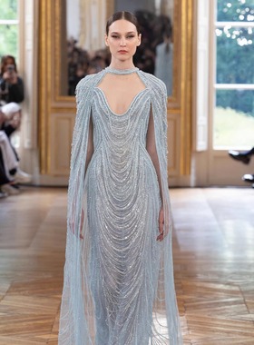 Tony Ward 天蓝色披风款珠串流苏钉珠盖茨比风奢华红毯生日晚礼服