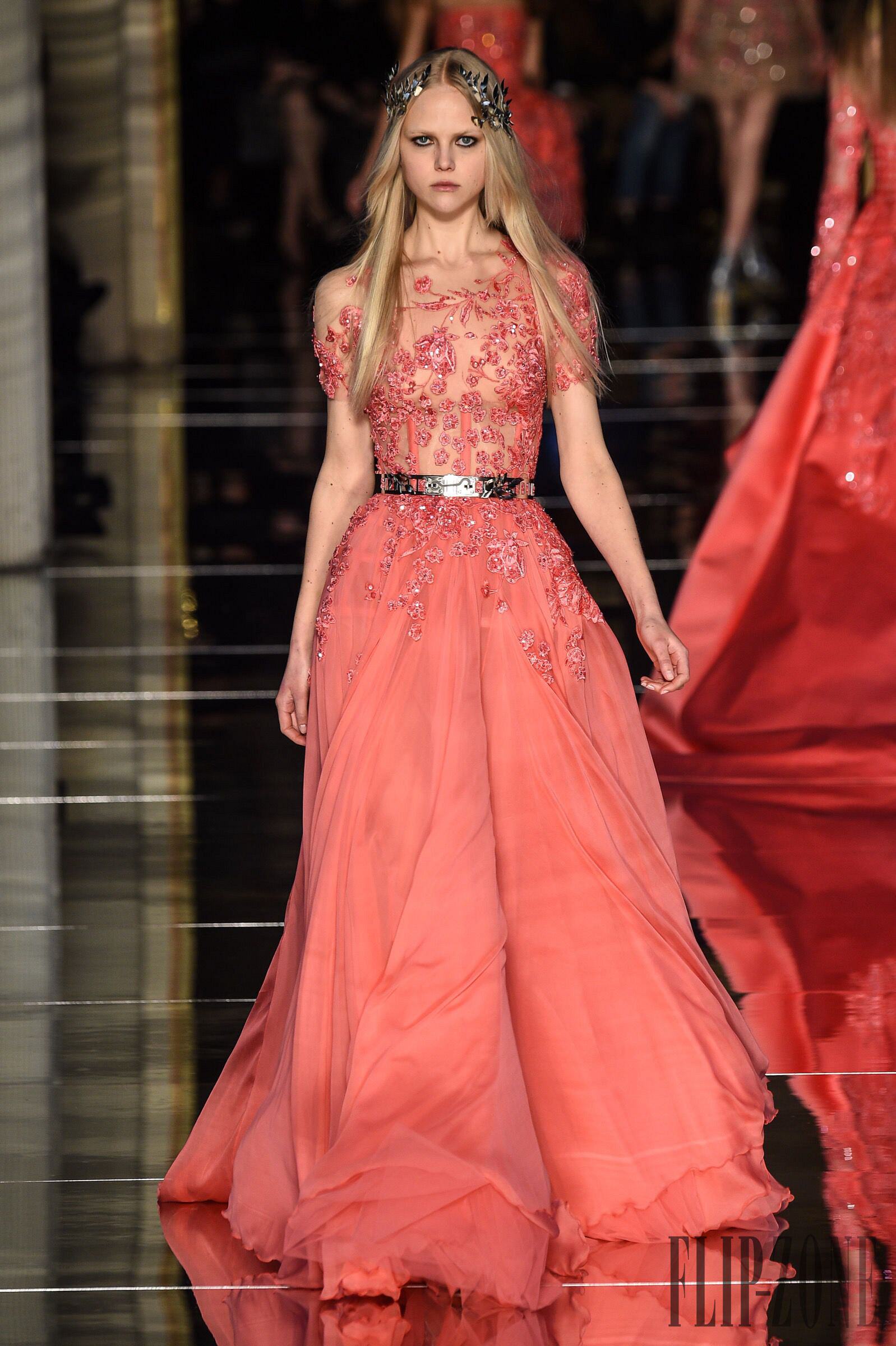 zuhair murad 橘色雪纺短袖蕾丝生日派对成人礼年会晚礼服敬酒服