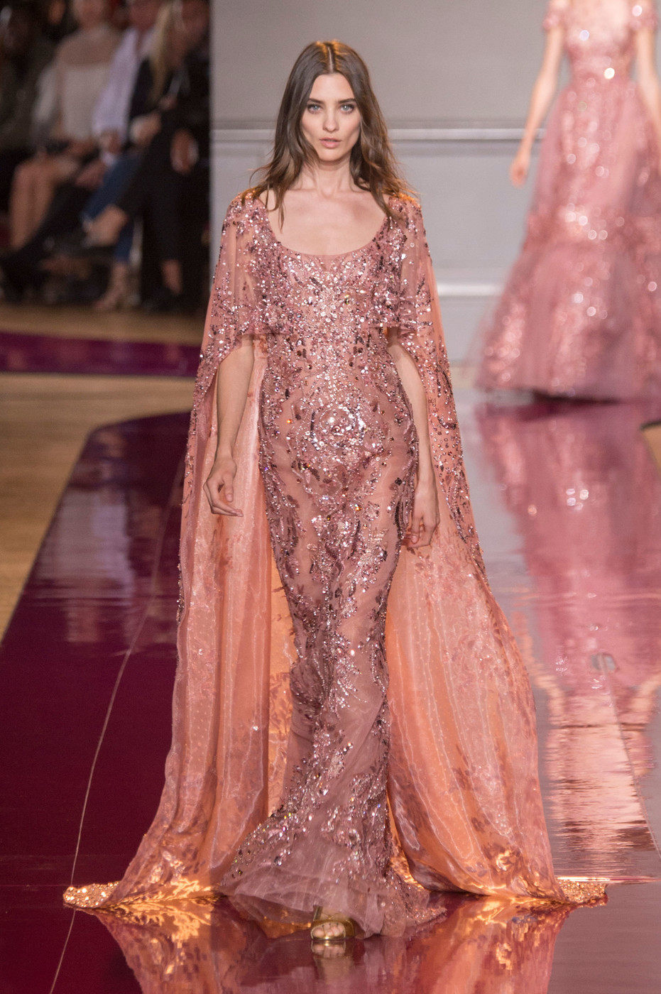 zuhair murad 豆沙粉奢华披风款两件套高档年会主持晚礼服敬酒服