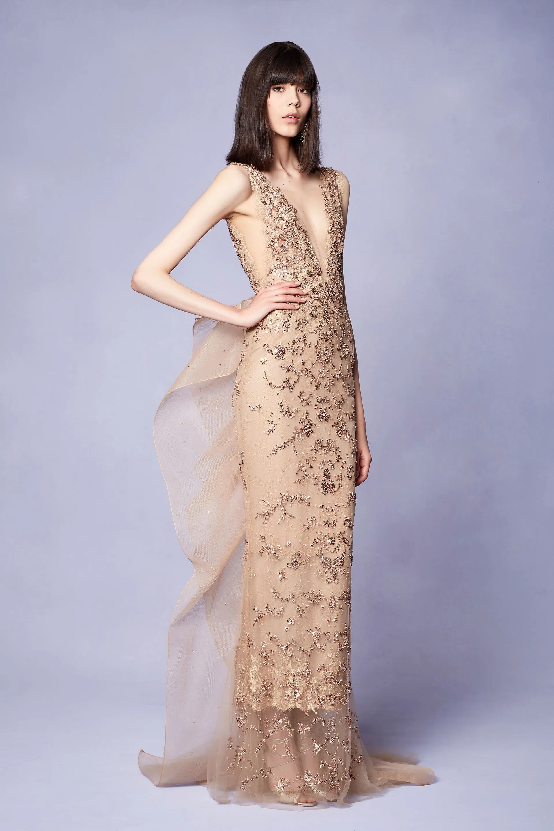 marchesa 深V领香槟金收腰显瘦修身钉珠晚礼服新娘结婚敬酒服2025