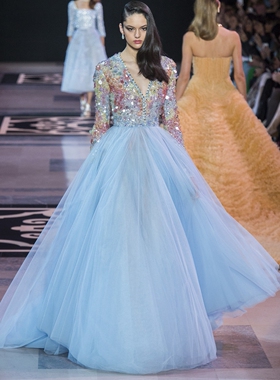 Georges Hobeika水蓝色V领长袖彩色钉珠晚礼服时尚名媛晚会演出服