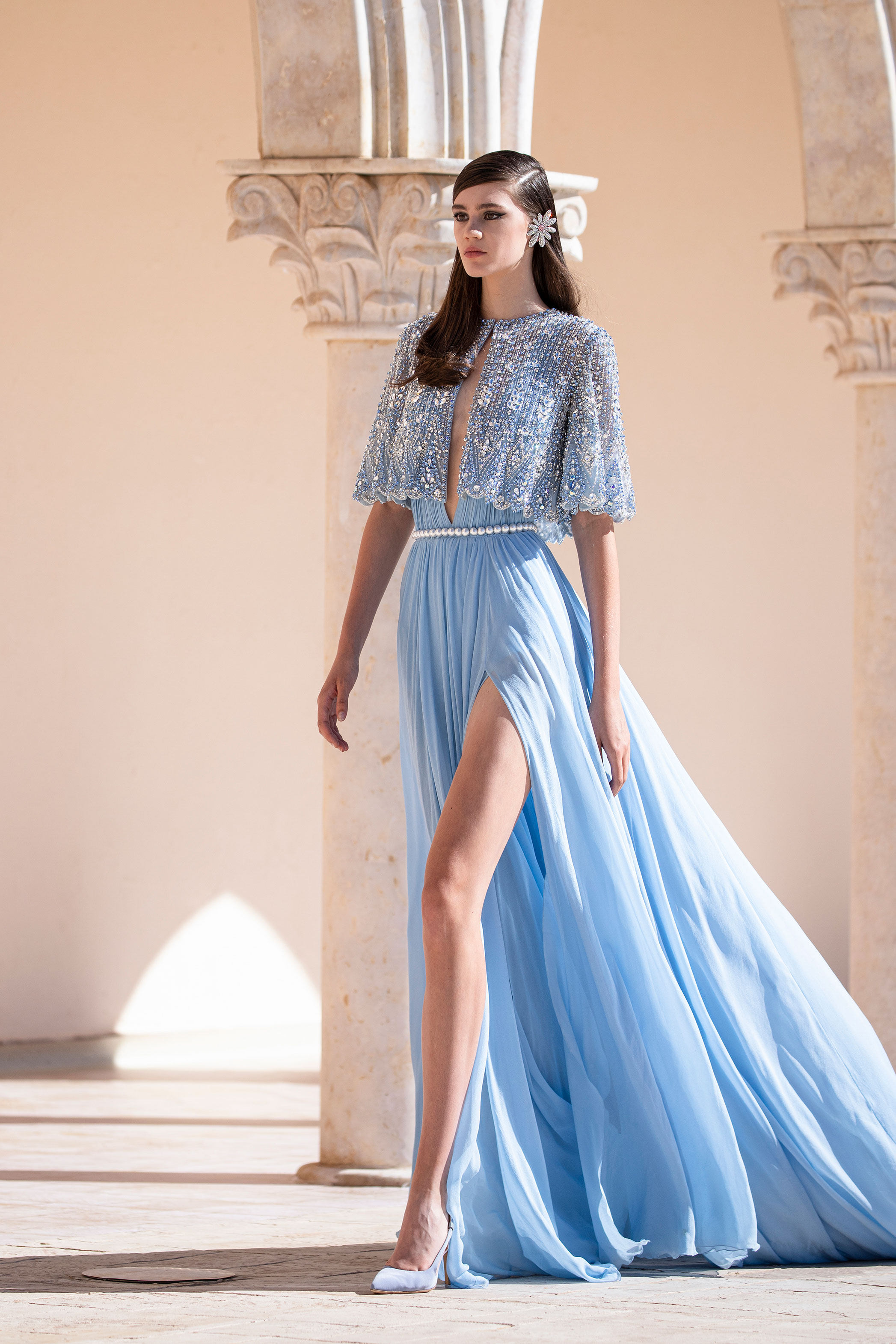 Georges Hobeika 2025年蓝色两件套雪纺日常年会宴会晚礼服敬酒服
