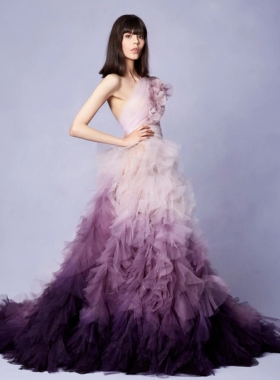 marchesa 紫色渐变单肩花朵量身定制高端宴会酒会红毯礼服敬酒服