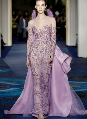 zuhair murad 粉紫色长袖修身鱼尾显瘦演出生日晚礼服新娘敬酒服