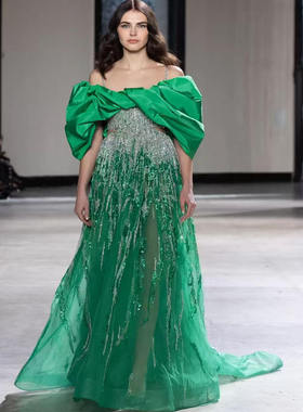 Tony Ward 绿色一字肩高腰遮肚子显瘦红毯生日宴会晚礼服敬酒服