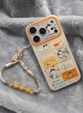 IMD卡通可爱米色底插画铅笔斑点猫咪手机壳适用iPhone17promax个性防摔苹果16磨砂15趣味创意14手链13甜美系