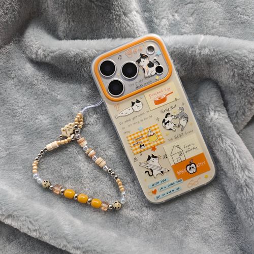 米色底插画铅笔斑点猫咪手机壳