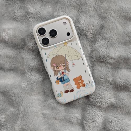 卡通可爱雨滴撑伞女孩小熊手机壳