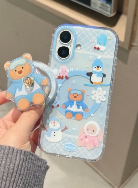 圆弧气囊IMD磁吸卡通可爱蓝格纹jellycat雪人玩偶手机壳适用iPhone17promax防摔苹果16亮面15趣味14支架13新