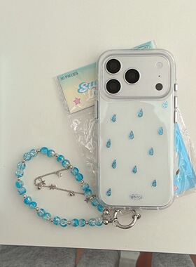 圆弧气囊IMD韩清新简约鎏金蓝色雨滴手机壳适用iPhone17promax大孔防摔苹果16亮面15趣味创意14手链13少女心