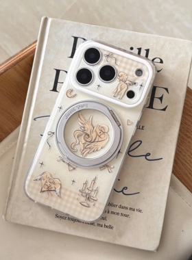 IMD可爱2026马年格纹复古翅膀小马360支点手机壳适用iPhone17promax防摔苹果16趣味创意15pro折叠旋转支架新