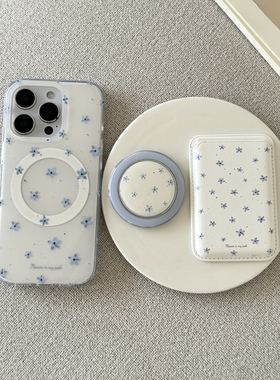 双层印花imd简约蓝色花朵17手机壳适用iphone16promax大孔防摔苹果15个性小众女生14亮面13卡包支架硬壳软边