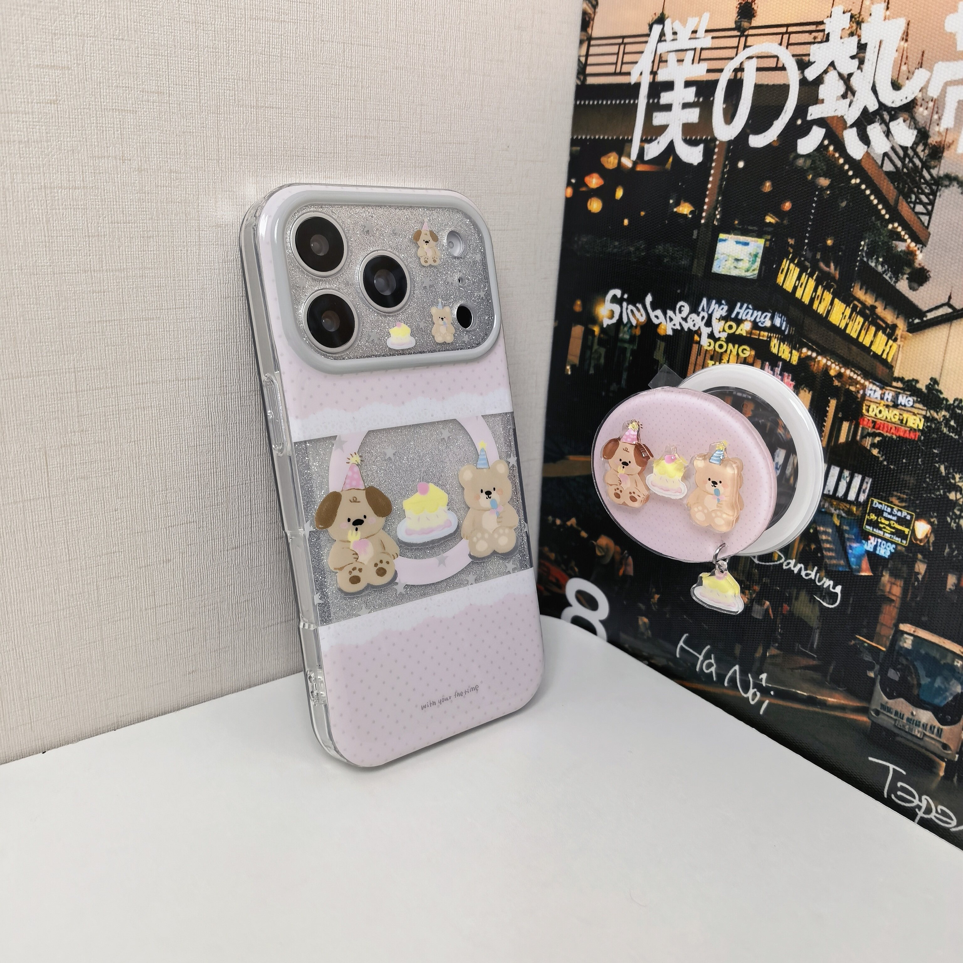 闪粉波点吃蛋糕小熊狗狗手机壳