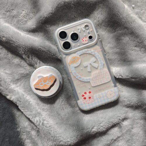蓝色格纹蝴蝶结沙发牛角包手机壳