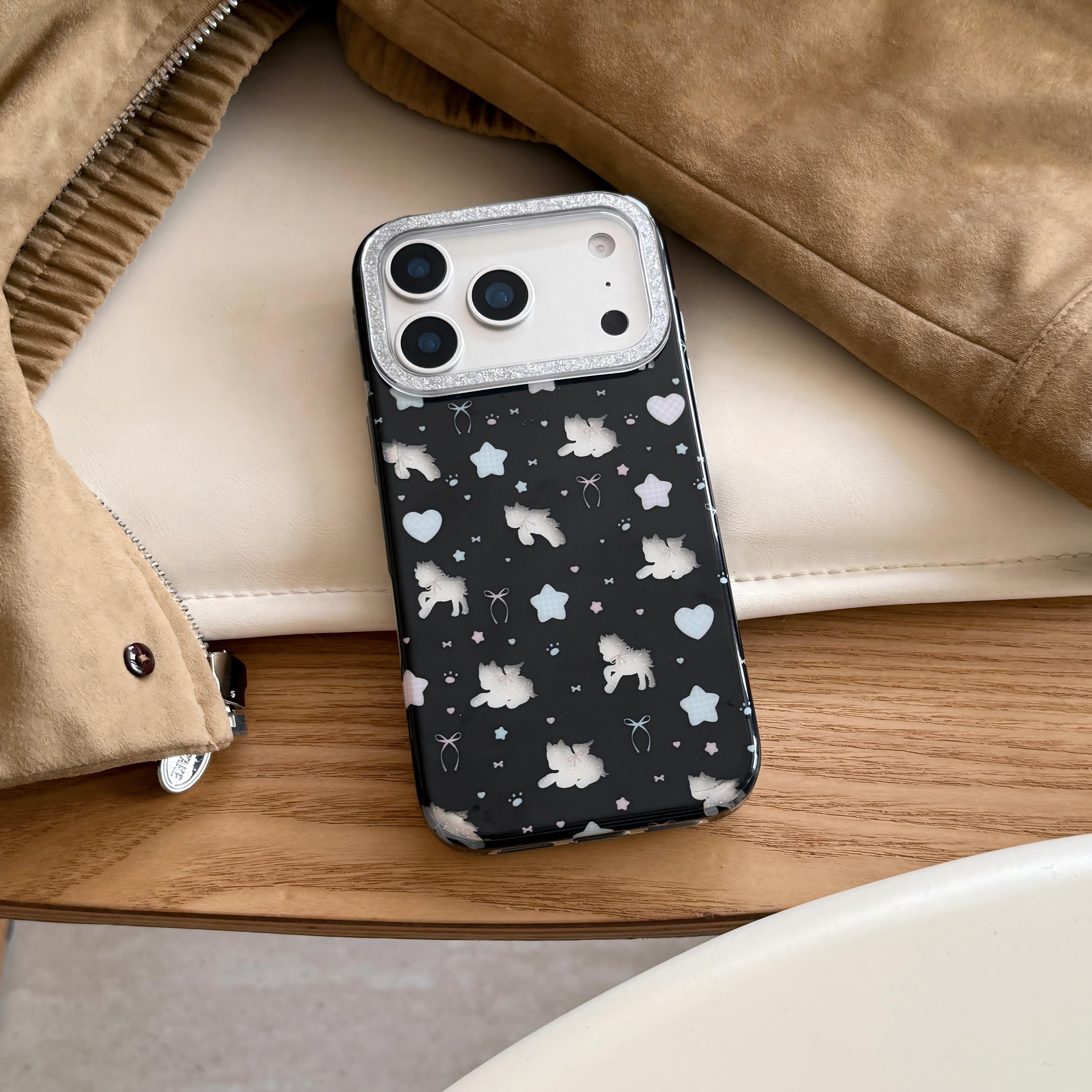 IMD可爱闪粉框镂空黑底星星爱心独角兽手机壳适用iPhone17promax大孔防摔苹果16亮面15趣味创意14时尚13个性