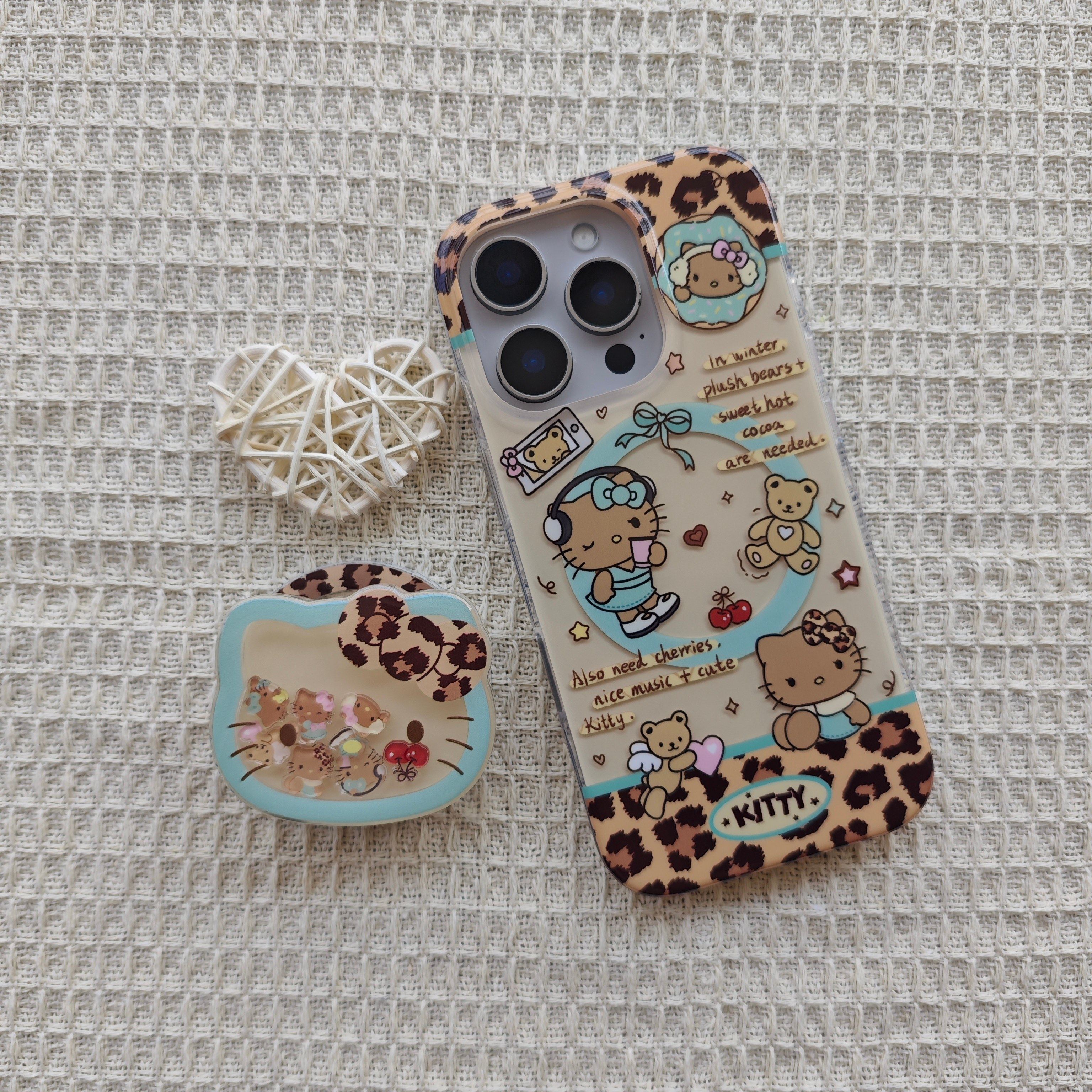 IMD磁吸卡通可爱棕绿豹纹拼接耳机kitty猫手机壳适用iPhone17promax个性防摔苹果16亮面15趣味创意14支架13硬