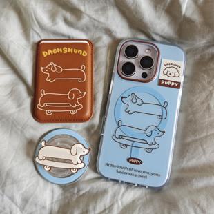 天蓝线条滑板腊肠狗磁吸双层imd手机壳适用iphone16promax防摔17苹果15支架14卡包男女小众清新13简约磨砂