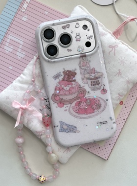 圆弧气囊IMD卡通可爱闪粉星星草莓蛋糕小熊手机壳适用iPhone17promax大孔防摔苹果16亮面15趣味创意14手链13