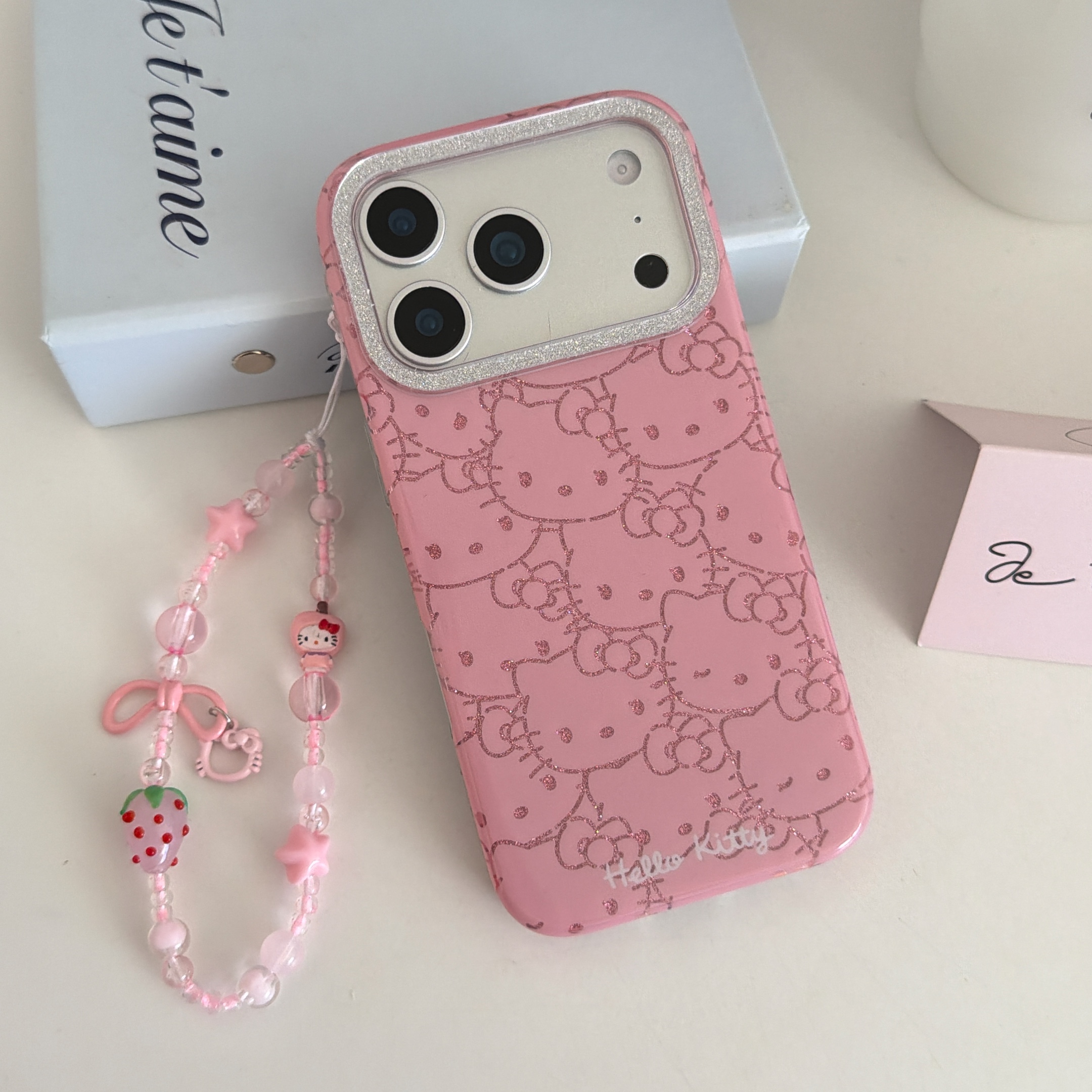 IMD卡通可爱满屏粉色线条kitty猫手机壳适用iPhone17promax大孔防摔苹果16亮面15趣味创意14手链13甜美少女心