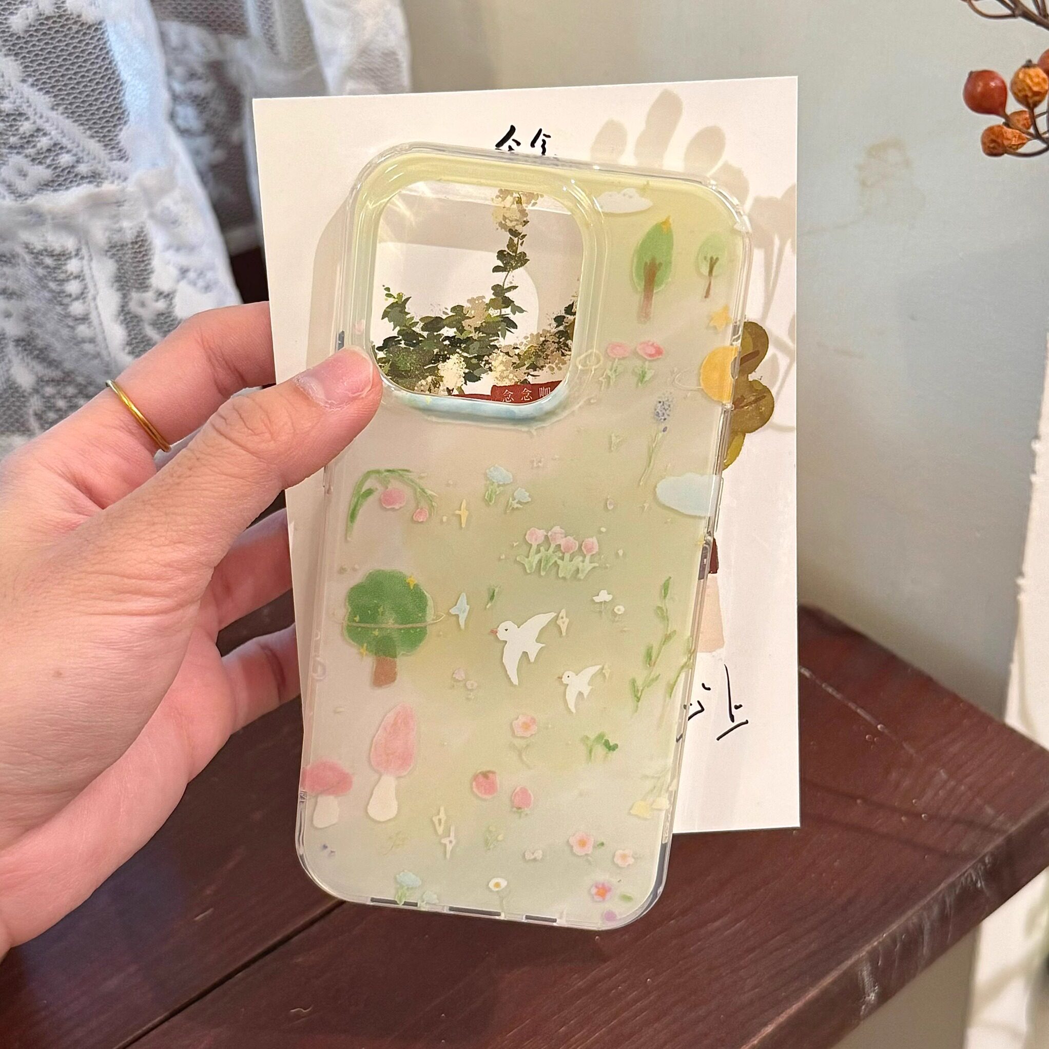 双层印花imd治愈系春日小鸟油画手机壳适用iphone16promax大孔防摔苹果15小众清新女生14亮面13链条挂绳文艺