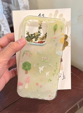 双层印花imd治愈系春日小鸟油画手机壳适用iphone16promax大孔防摔苹果15小众清新女生14亮面13链条挂绳文艺