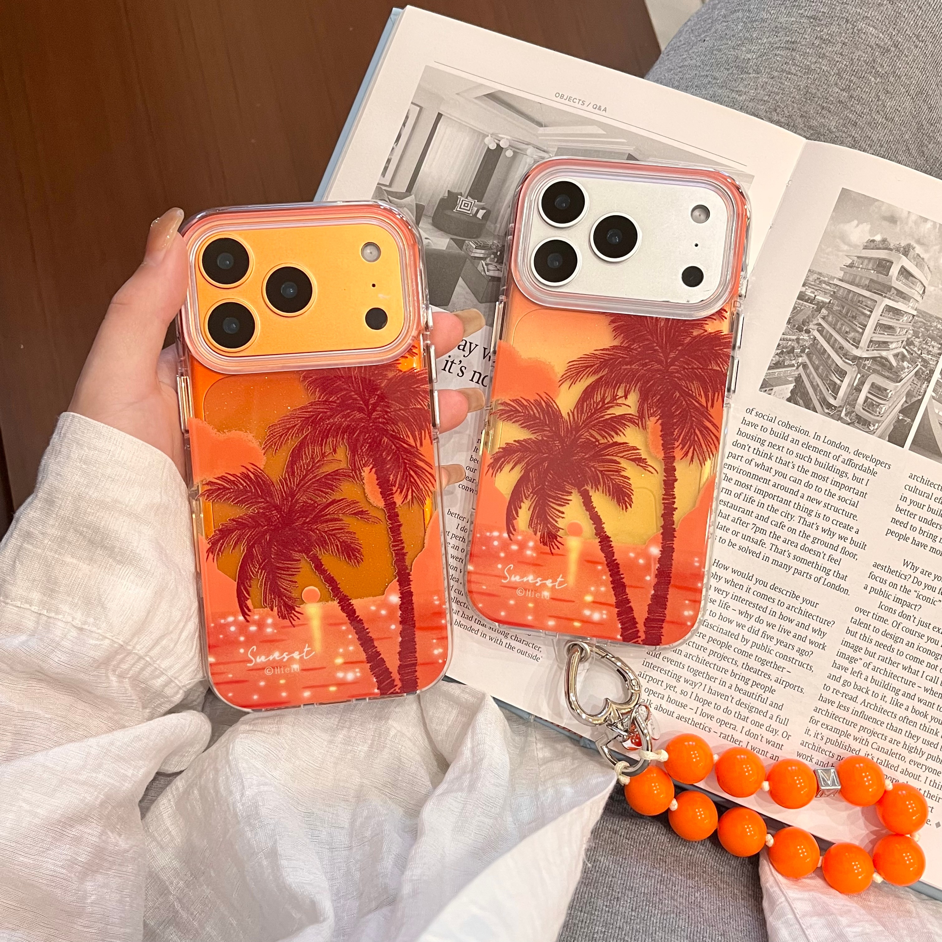 圆弧气囊IMD时尚潮流黄昏日落海面椰子树手机壳适用iPhone17promax大孔防摔苹果16亮面15手链14个性创意13新