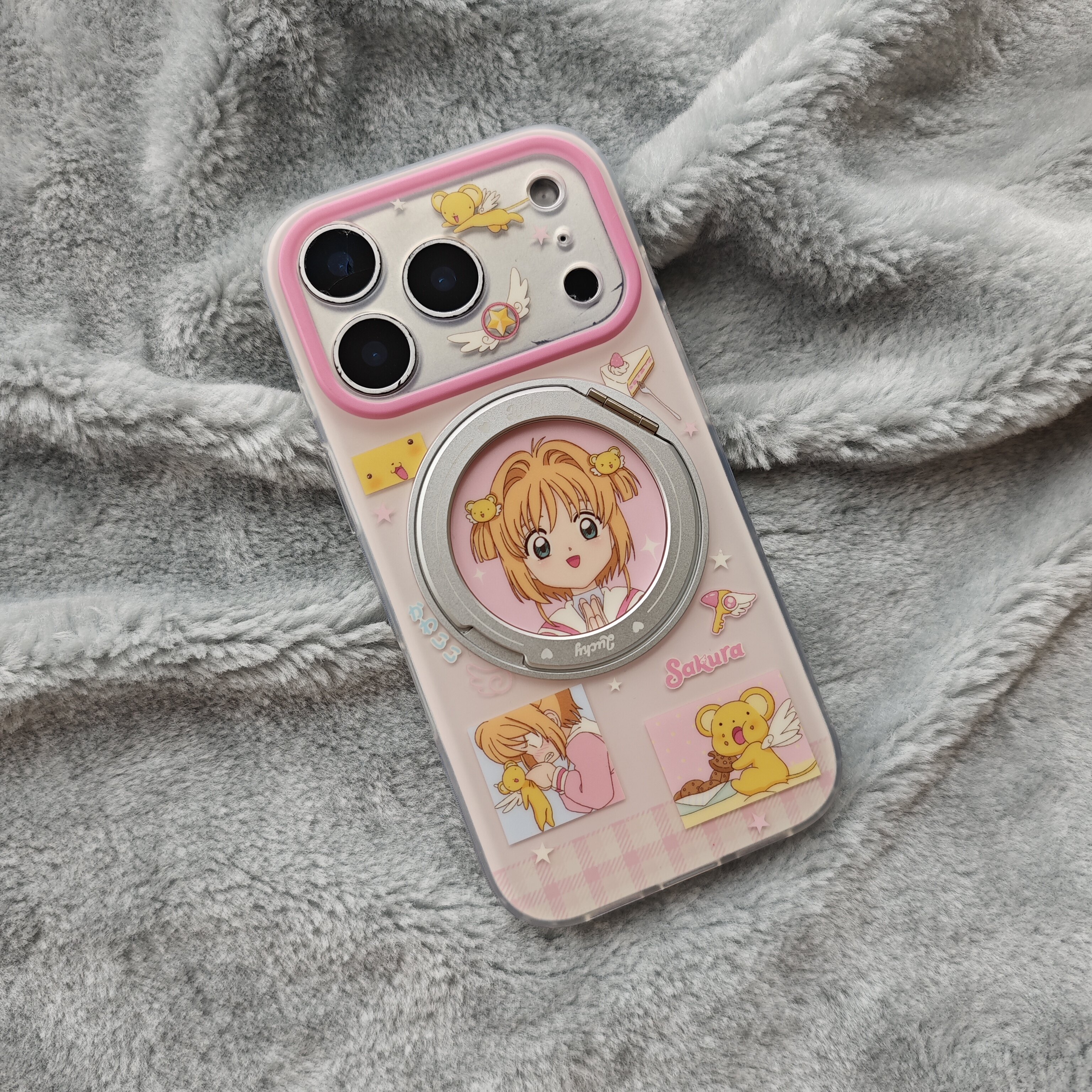 IMD卡通可爱动漫粉色格纹百变小樱360支点手机壳适用iphone17promax个性防摔苹果16磨砂15pro折叠旋转支架新