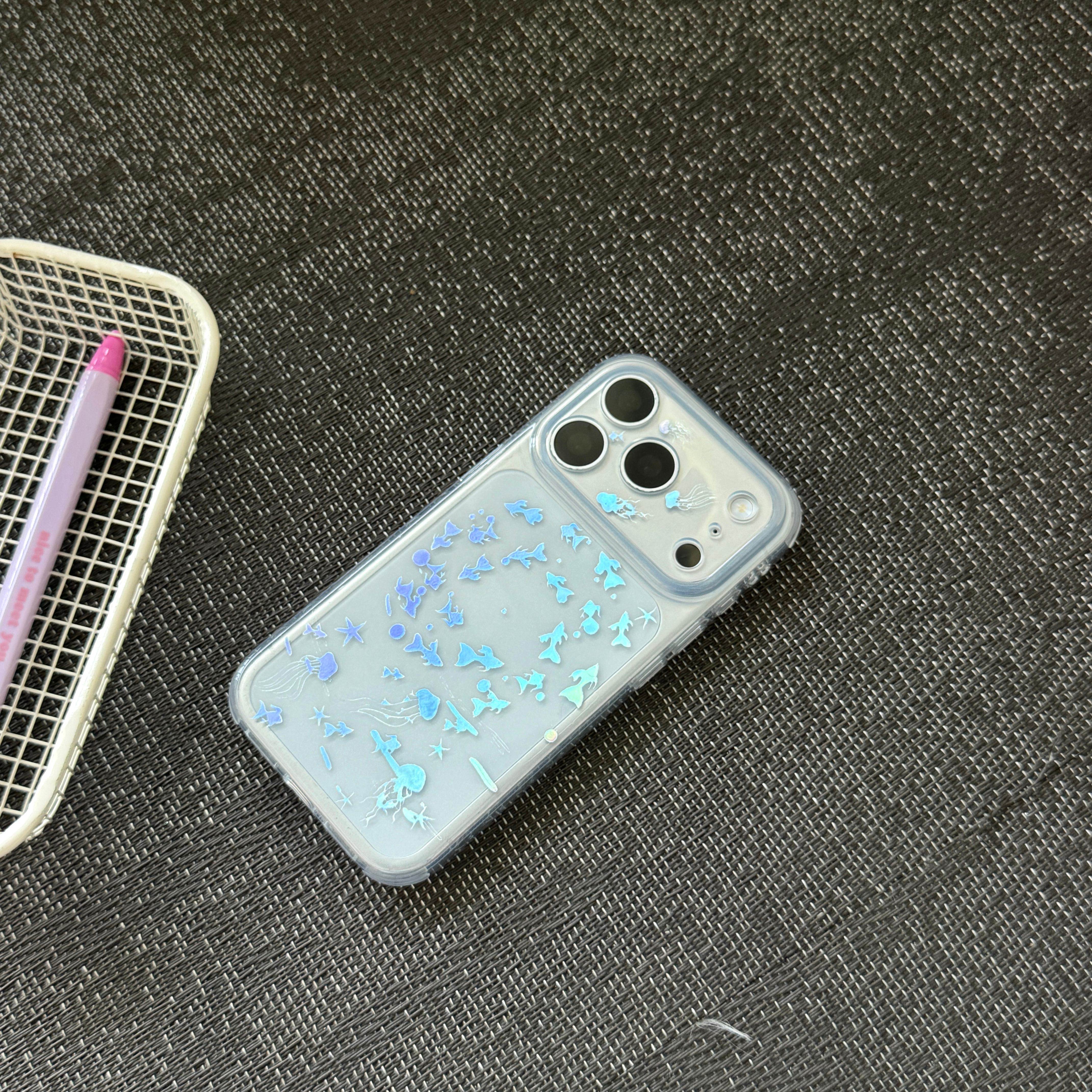 IMD韩系清新简约透明鎏金海底鱼群水母手机壳适用iphone17
