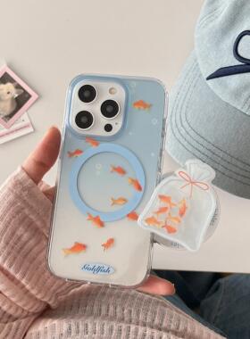 蓝色渐变晕染蓝锦鲤透明双层imd磁吸17手机壳适用iphone16promax大孔防摔亮面13金鱼摇摇乐支架14苹果15个性