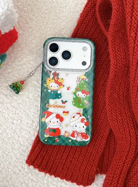 IMD卡通可爱闪粉框绿色围边圣诞kitty猫手机壳适用iphone17promax大孔防摔苹果16亮面15趣味创意14挂件13呆萌