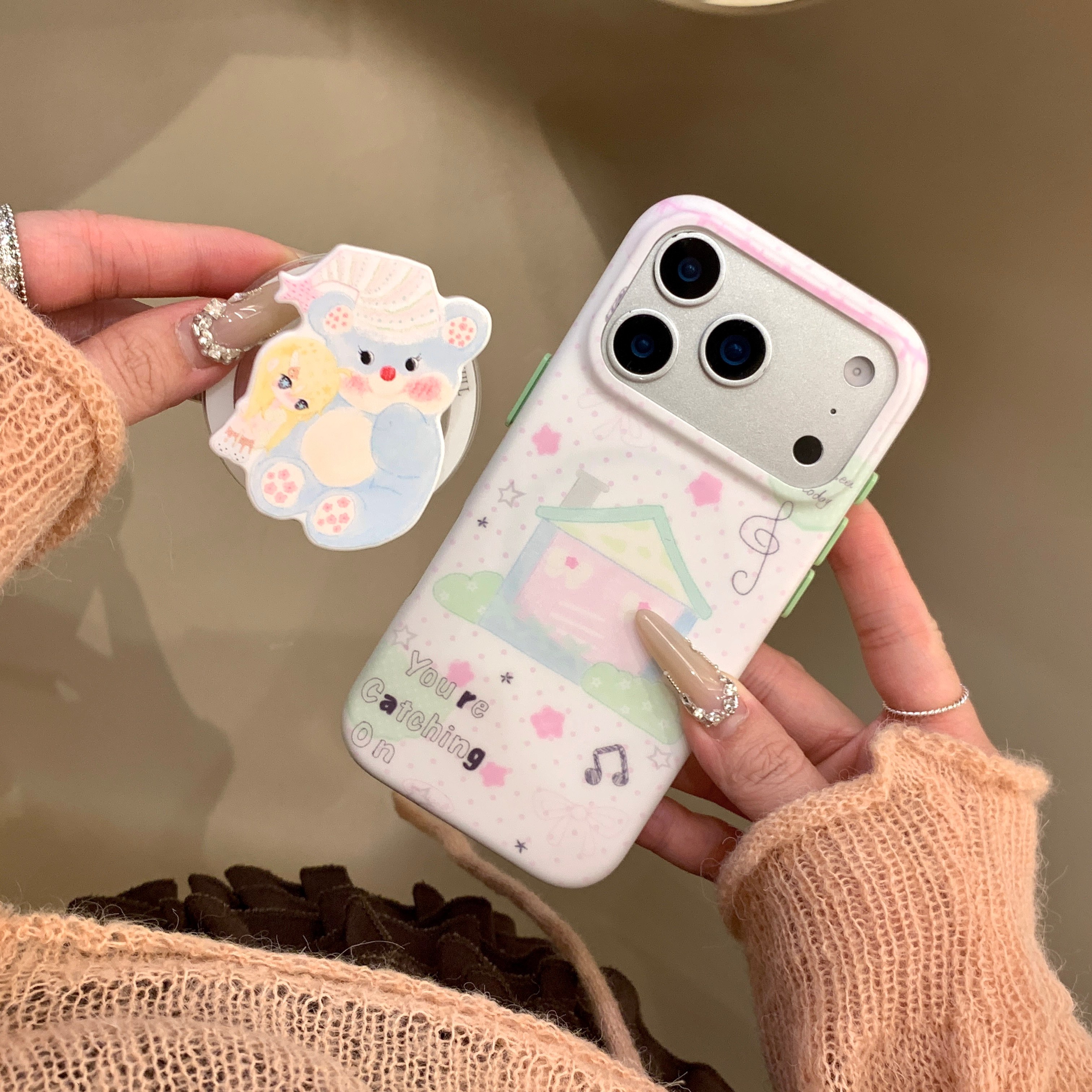 IMD磁吸卡通可爱波点音符房子插画小熊手机壳适用iPhone17promax大孔防摔苹果16磨砂15pro趣味创意支架呆萌新