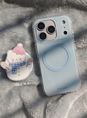 圆弧气囊IMD磁吸卡通可爱浅蓝色手机壳适用iPhone17promax大孔防摔苹果16亮面15趣味创意14泼墨雪人支架13新