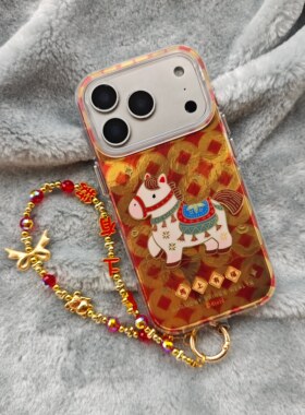 圆弧气囊IMD时尚可爱铜钱马上有钱有福小马手机壳适用iPhone17promax大孔防摔2026苹果16亮面15马年14手链13