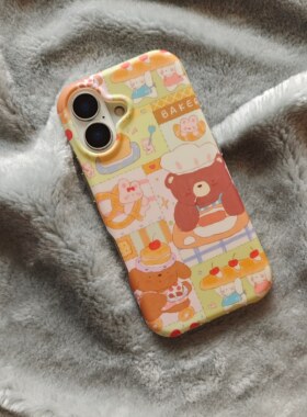 圆弧气囊IMD卡通可爱拼接面包师小熊兔子手机壳适用iPhone17promax大孔防摔苹果16磨砂15趣味创意14萌系少女