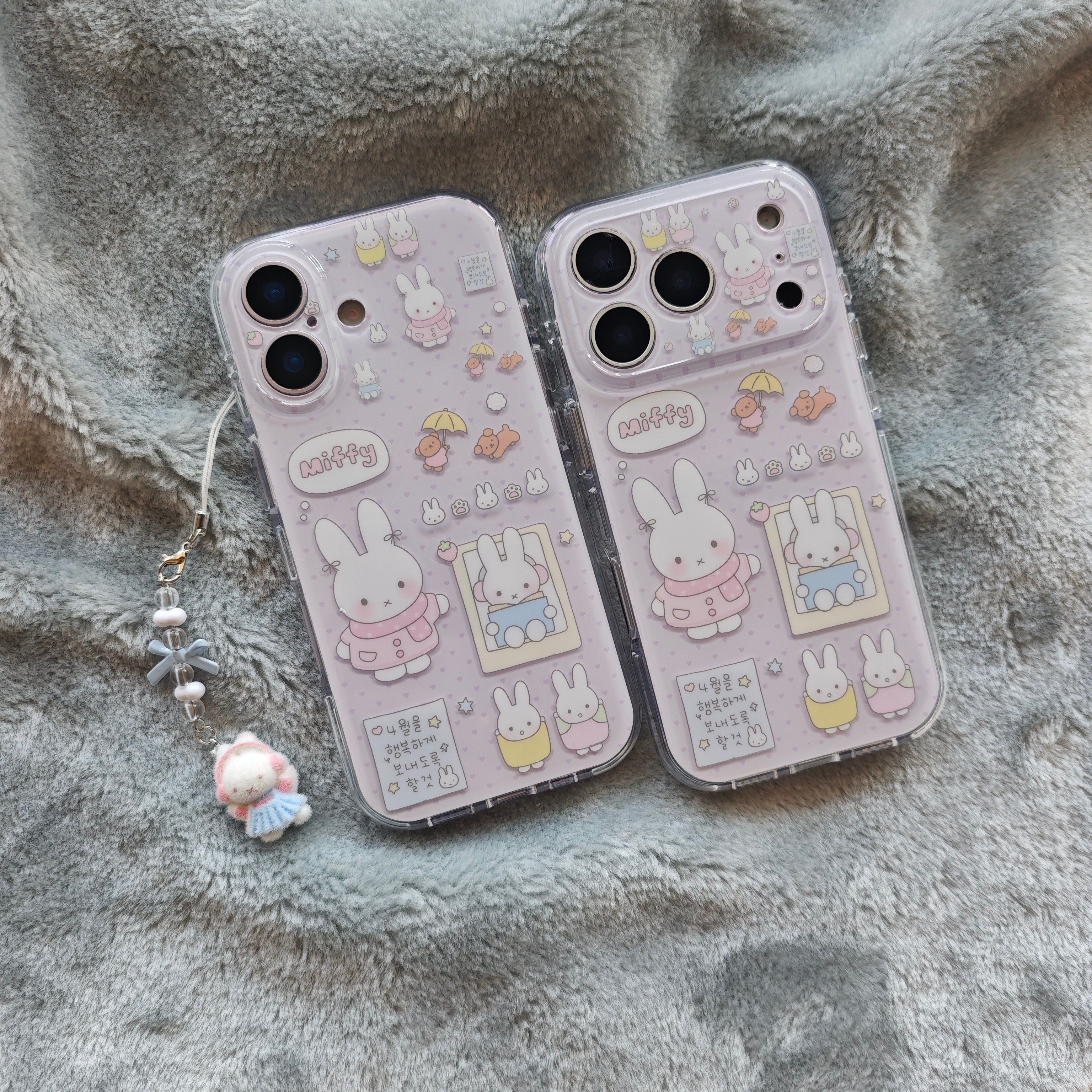 圆弧气囊IMD卡通可爱紫色波点米菲兔小熊手机壳适用iPhone17promax全包防摔苹果16亮面15趣味创意带挂件少女