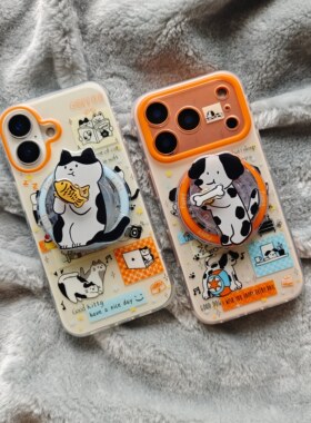 IMD磁吸卡通可爱黑白涂鸦猫咪狗狗情侣手机壳适用iPhone17promax个性防摔苹果16磨砂15趣味创意14支架13男女